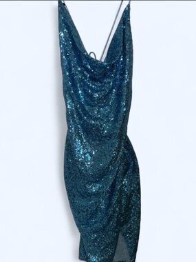 Saints and secrets Sparkling Teal Sequin Cowl Neck Dress
